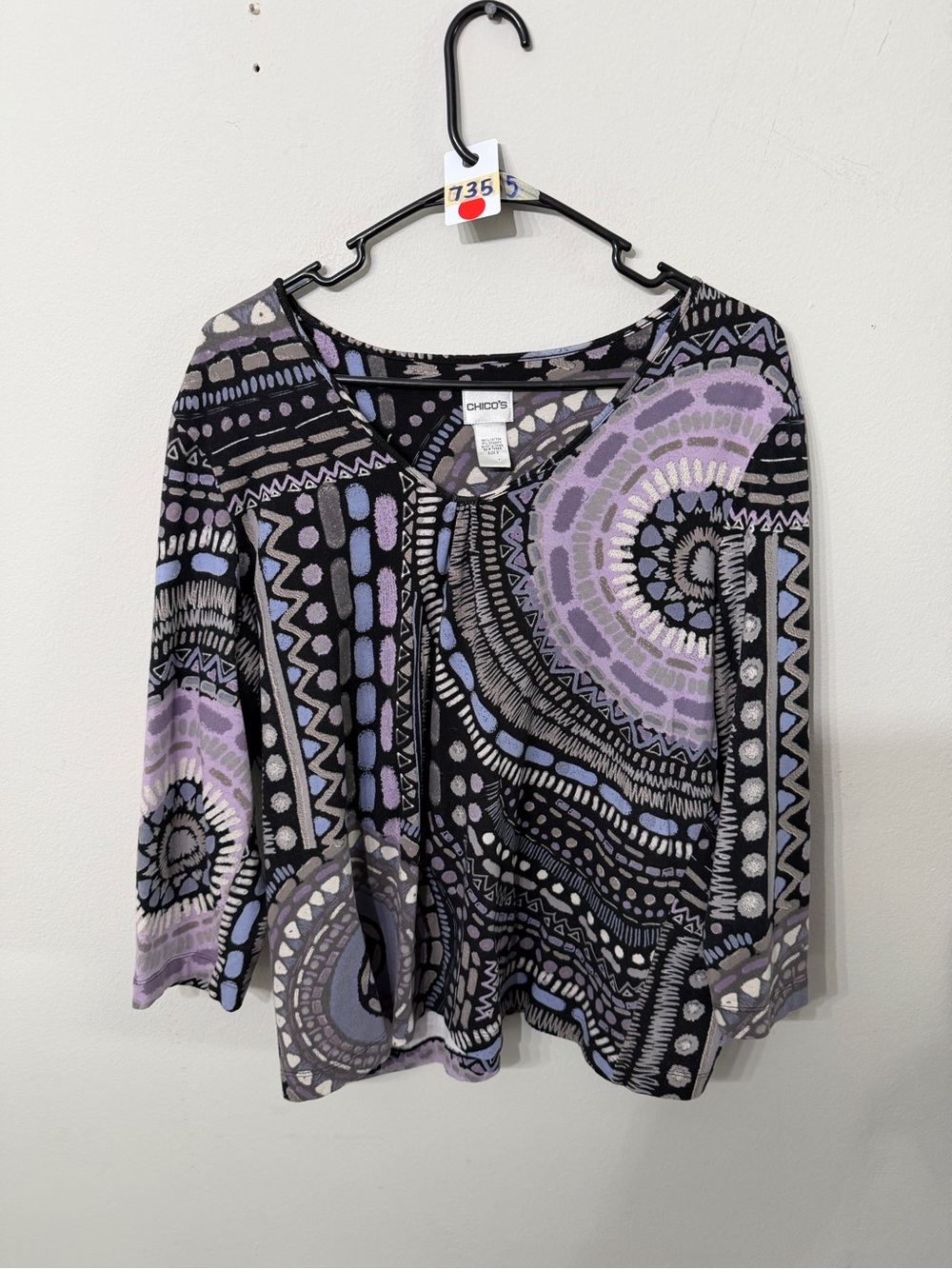Chico's Black and Purple Abstract Tie-Front Tunic